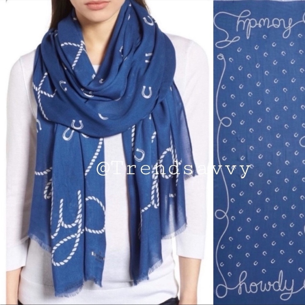 Kate Spade New York Howdy Blue Horseshoe Rope Print Oblong Scarf Western Wrap OS